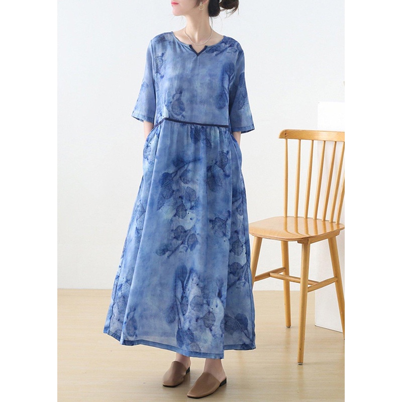Chic Blue Print V Neck Summer Ramie Vacation Dresses