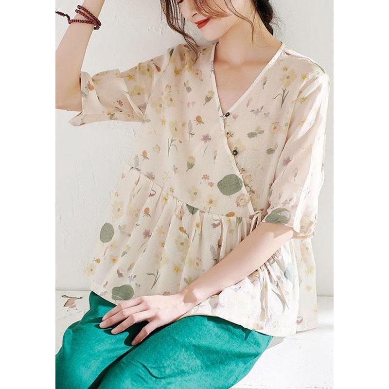 Classy Apricot Print Button Summer Ramie Half Sleeve