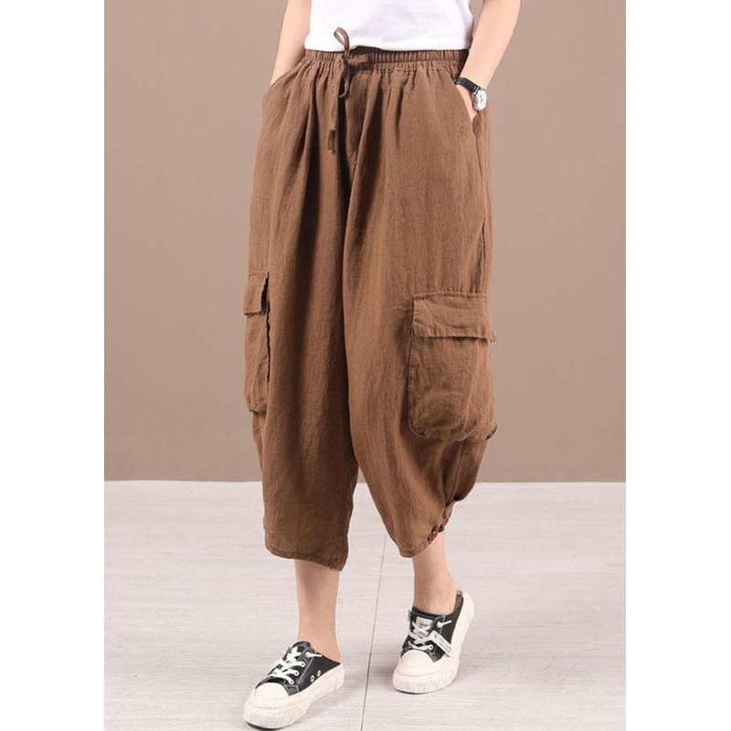 Classy Khaki retro Pockets Summer Linen Pants