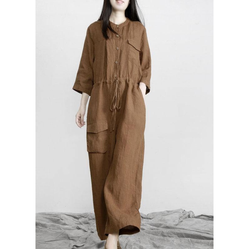 Elegant Chocolate Pockets Wide Leg Fall Linen Jumpsuit Pants