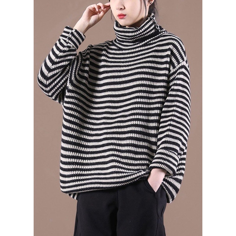 Fitted Black Striped Turtleneck Fall Knit Sweater