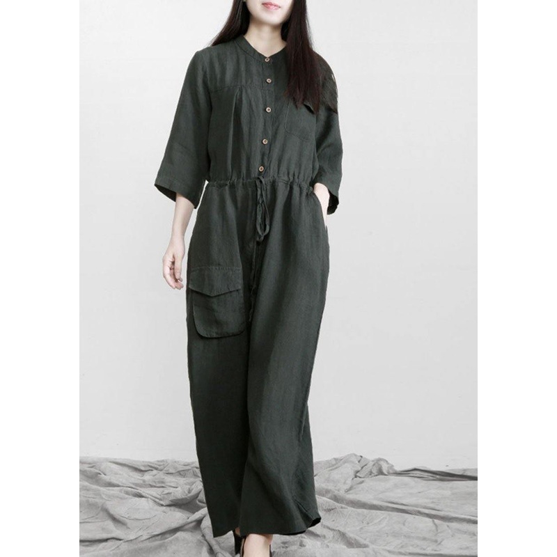Fitted Tea Green Button Drawstring Fall Women Linen Jumpsuit Pants