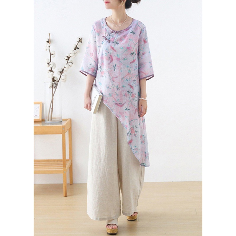 French Light Purple Print Oriental asymmetrical design Top Ramie Short Sleeve