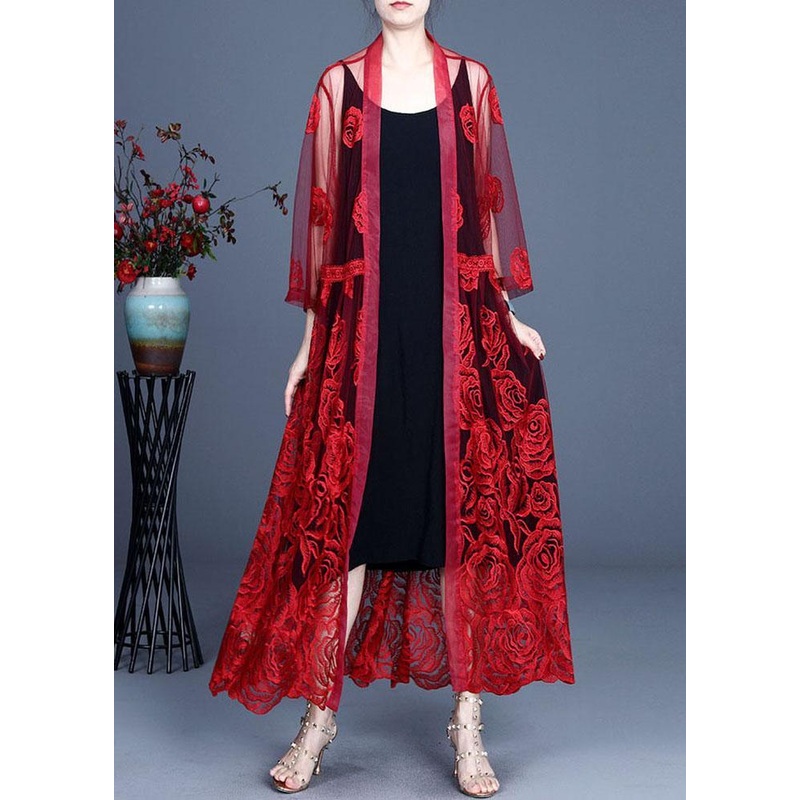 French Red Embroideried Tulle Cardigan Long