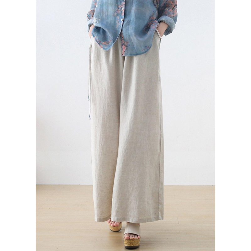 Handmade Beige Elastic Waist Wide Leg Linen Pants