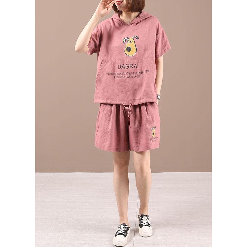 Handmade Pink hooded Graphic Summer Cotton Linen Two Pieces Set