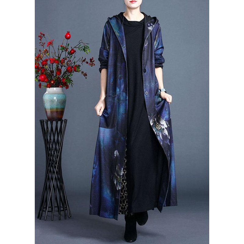 Italian Blue Hooded Print Fall Cardigan Long Sleeve
