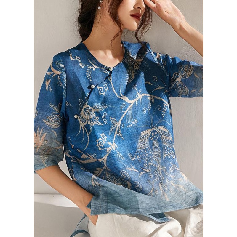 Italian Blue Print Oriental Summer Ramie Shirt Half Sleeve