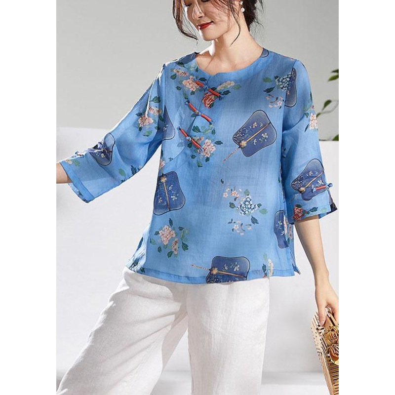 Natural Blue Print Oriental Summer Ramie Shirt