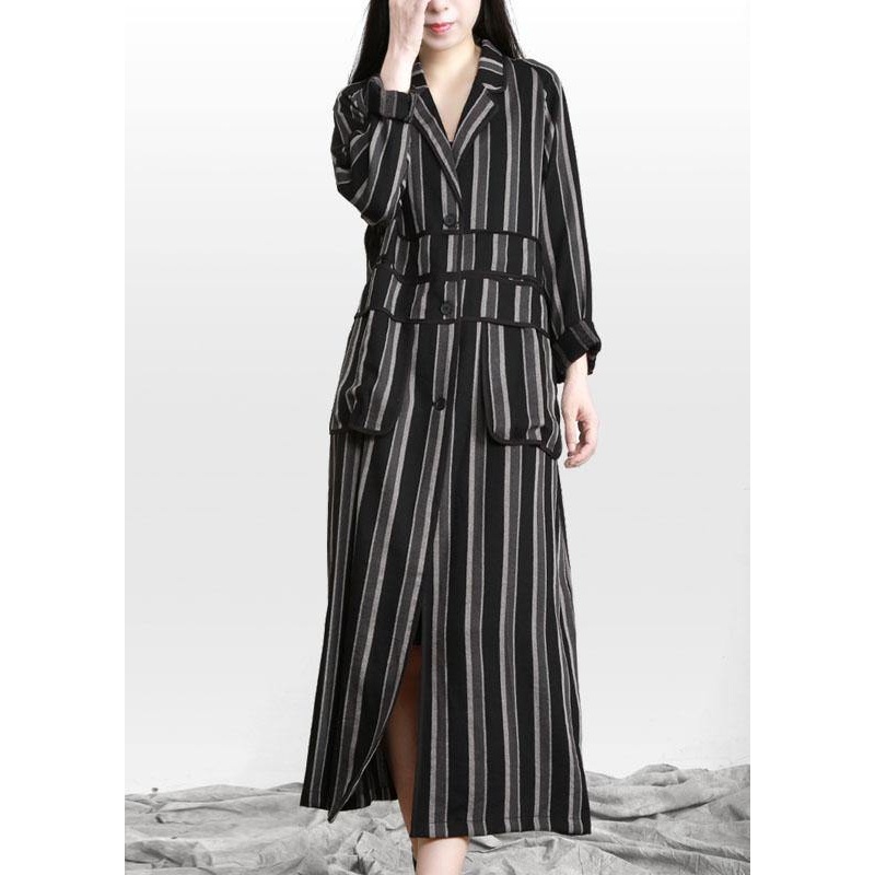 Organic Black Striped Button Peter Pan Collar Fall Long Coat