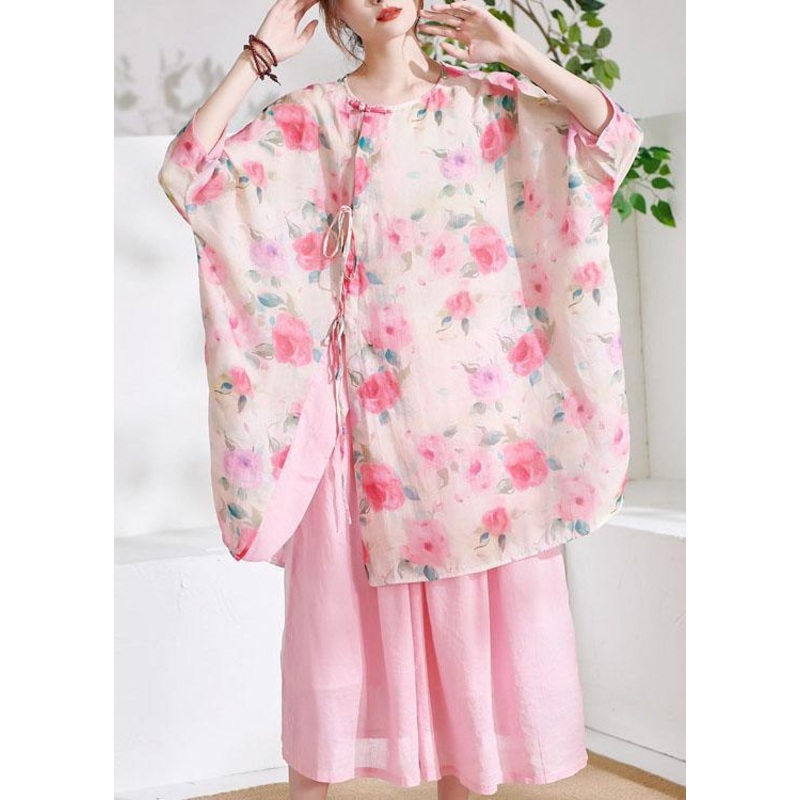 Pink Cute Print Asymmetrical Design Summer Half Sleeve Top