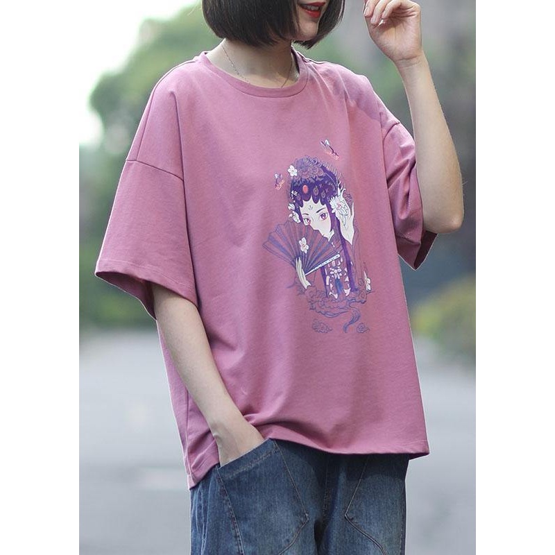 Pink O-Neck Print Summer Casual Tee Half Sleeve