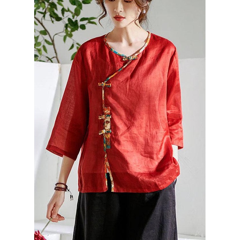 Red Oriental O-Neck Summer Ramie Shirts