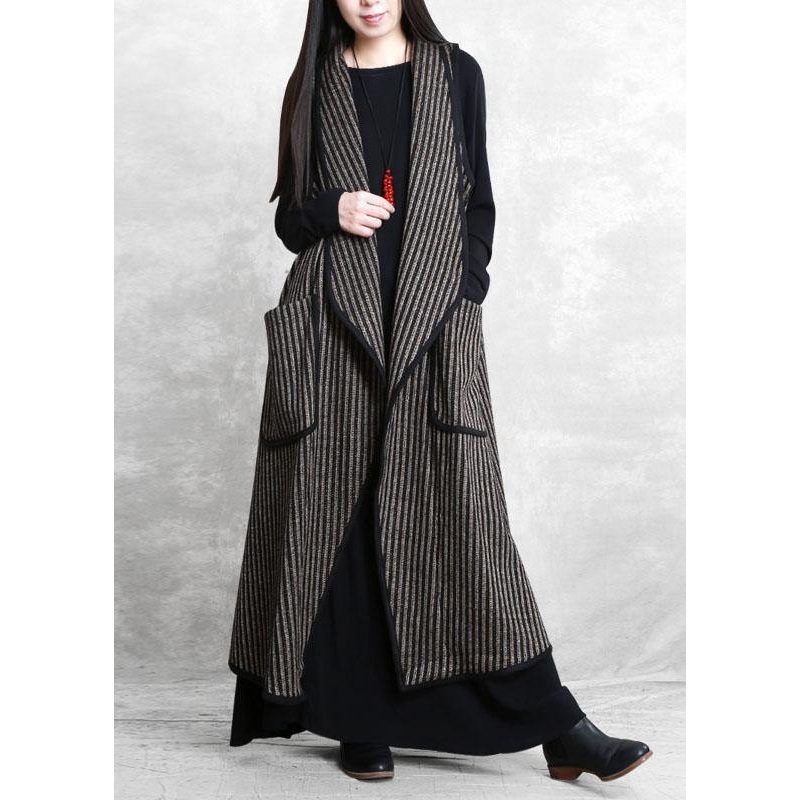 Simple Black Chocolate Striped Pockets Peter Pan Collar Fall Waistcoat Long