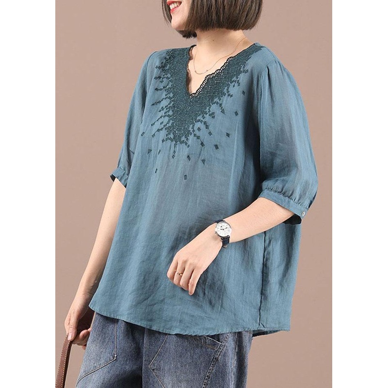 Simple Blue V Neck Embroideried Summer Shirt Top