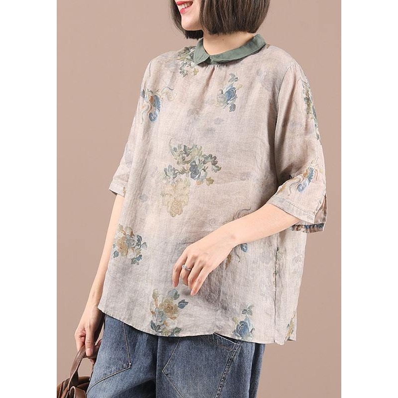 Simple Grey Green retro Print Summer Linen Shirt Half Sleeve