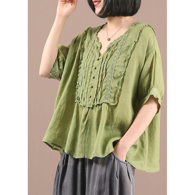 Stylish Green Wrinkled Button Summer Linen Shirt Half Sleeve