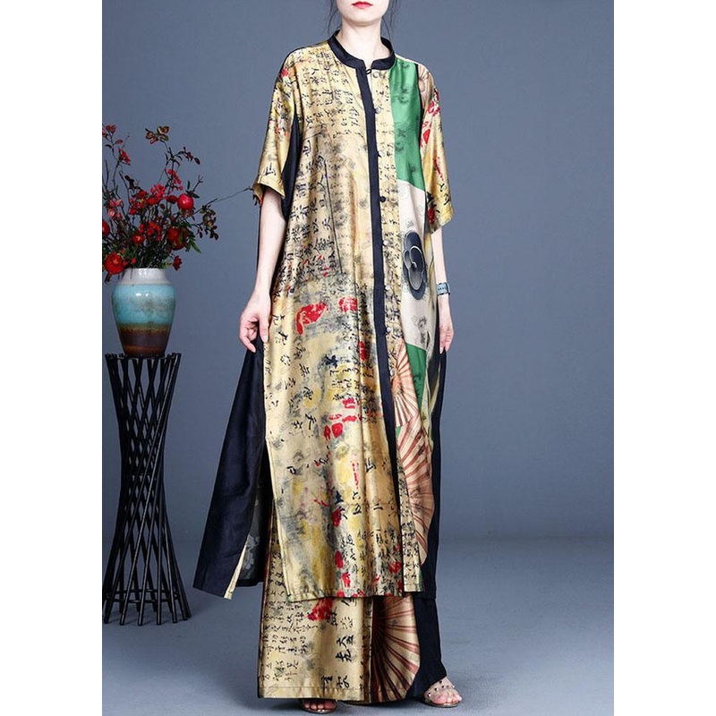 Stylish Yellow Asymmetrical Design retro Print Summer long shirts Two Pieces Set