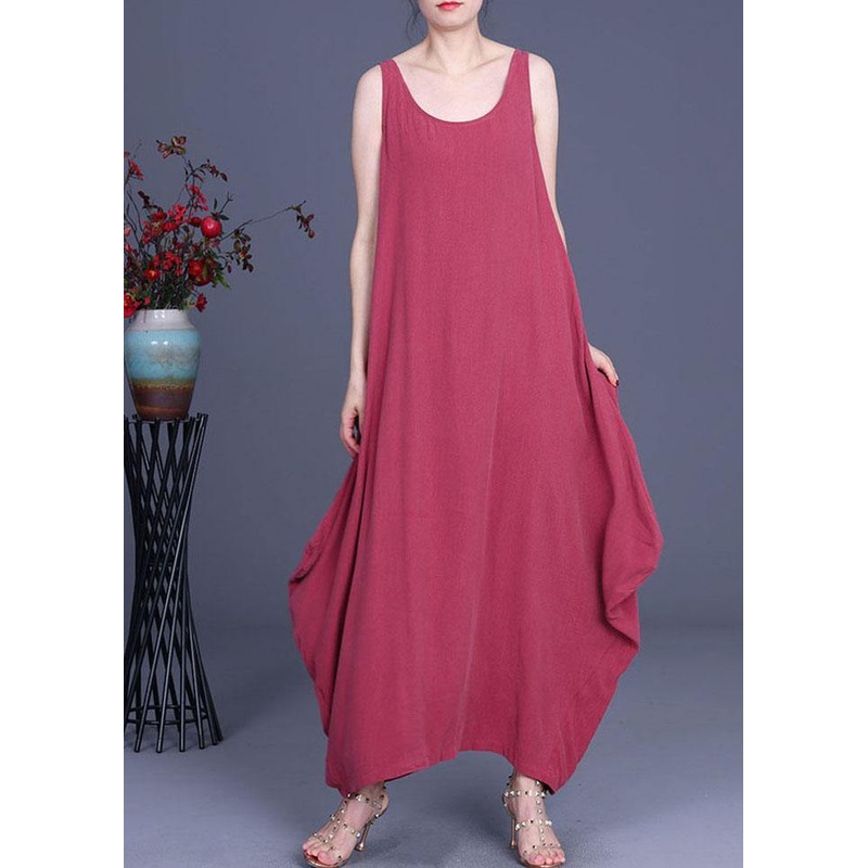 Trendy Red O-Neck Asymmetrical Design Summer Silk Dresses Sleeveless