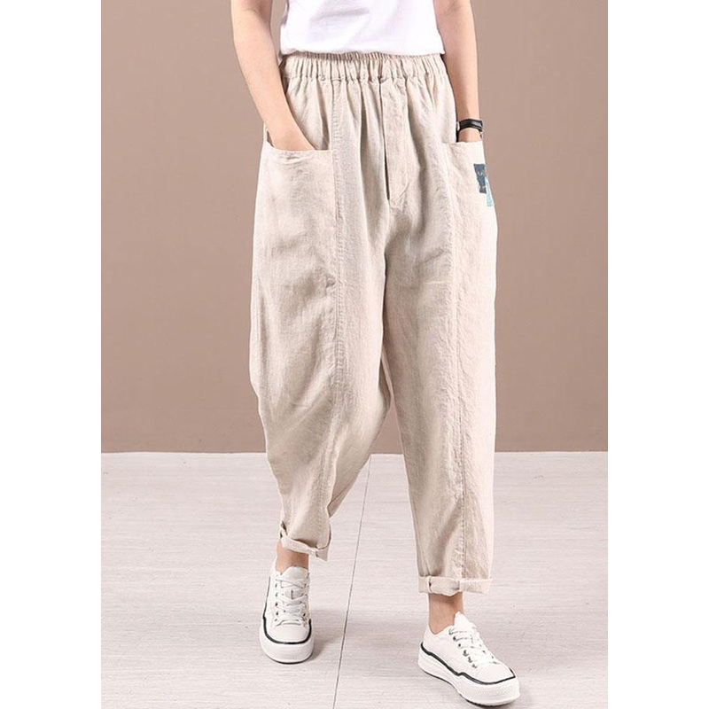 Unique Beige retro High Waist Summer Pants Cotton Linen
