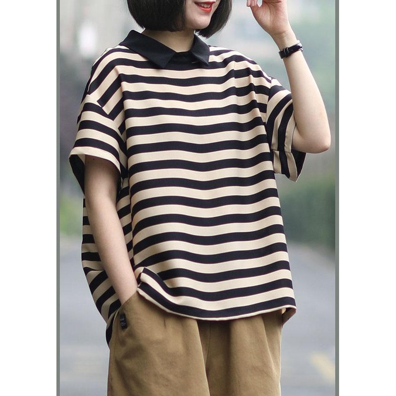 Unique Black Nude Striped Turn-down Collar Summer Blouses Short