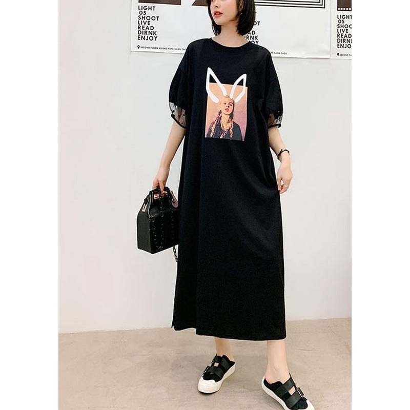 Unique Black O-Neck Puff Sleeve Summer Character Long Dress