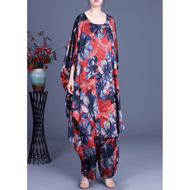 Unique Blue Print low high design Silk  Wide Leg Two Pieces Set