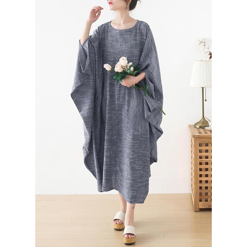 Unique Grey O-Neck Asymmetrical Design Party Summer Cotton Dress