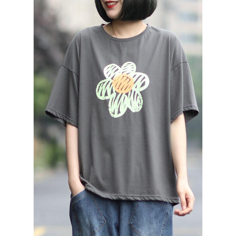 Unique Grey O-Neck Print Summer Cotton Tees