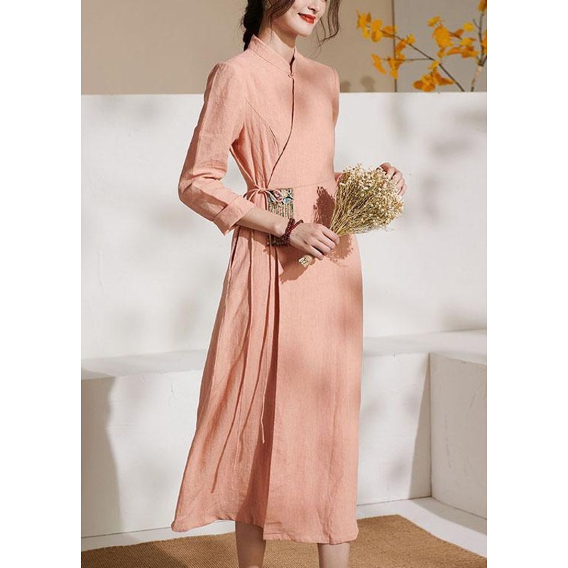 Unique Pink Embroideried tie waist Summer Linen Summer Dresses
