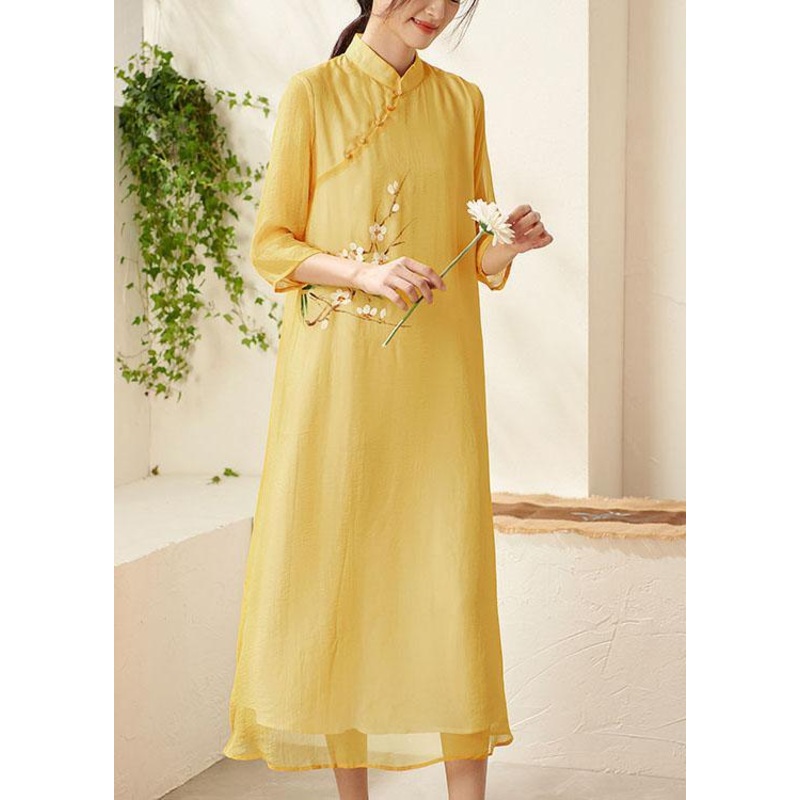 Unique Yellow Mandarin Collar Print Summer Dresses