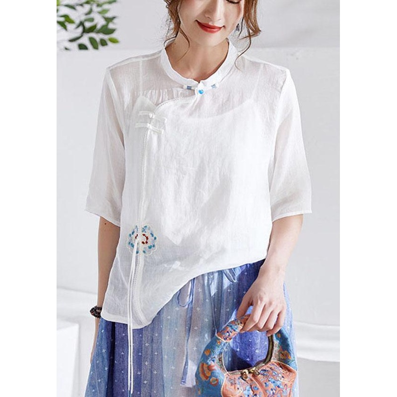 White Oriental Embroideried Summer Ramie Blouses Half Sleeve