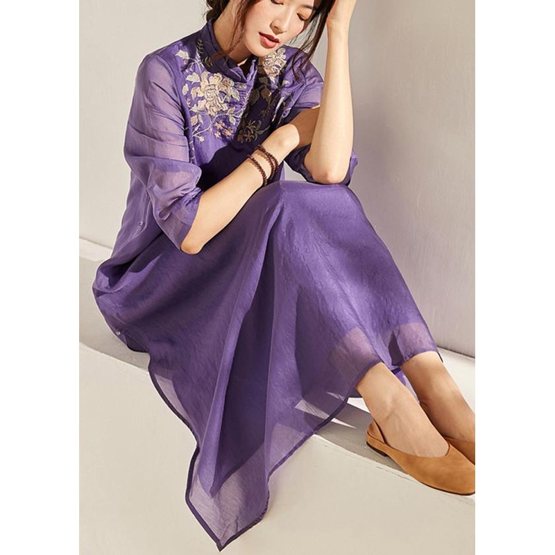 Women Beige Embroideried Patchwork Button Summer Long Dress