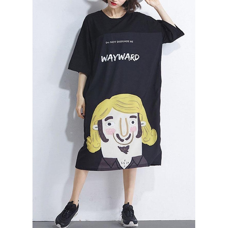 Women Black Patchwork Character Summer Maxi Dresses Half Sleeve