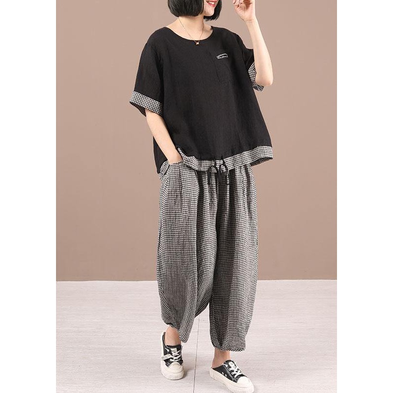 Women Black Patchwork Cinched Plaid Summer Cotton Short Sleeve Two Pieces Set