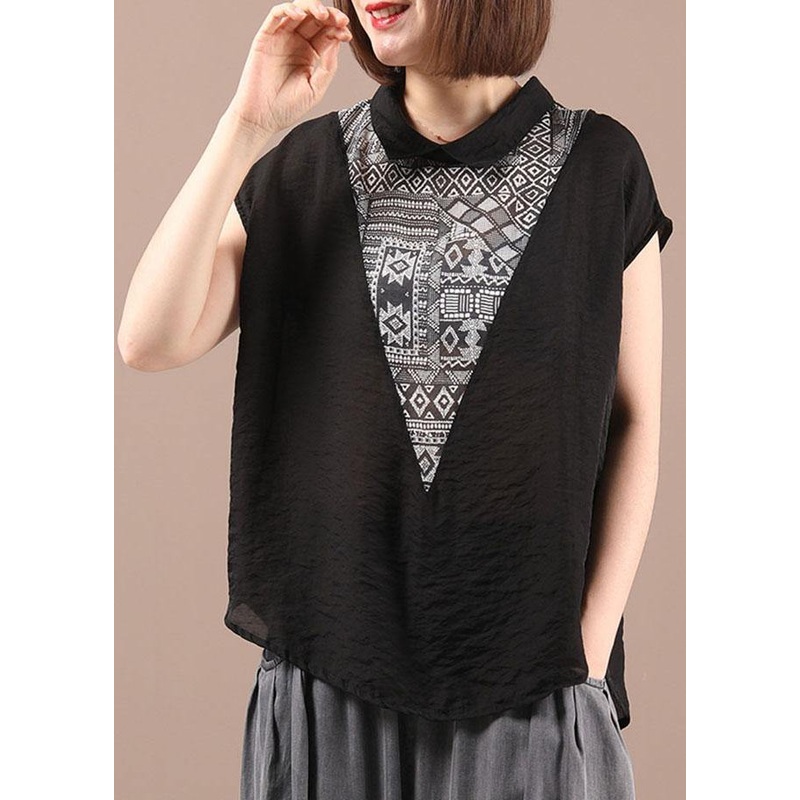 Women Black Patchwork Print Summer Casual Top Sleeveless