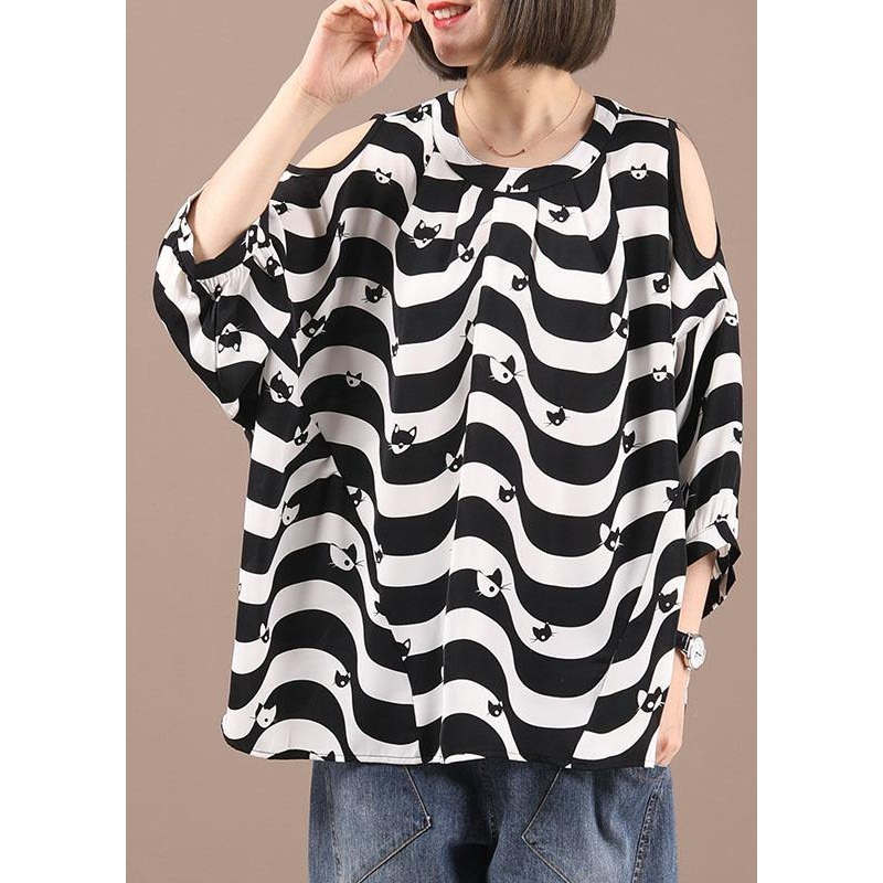 Women Black White Striped Cold Shoulder Print Summer Chiffon Shirt Half Sleeve