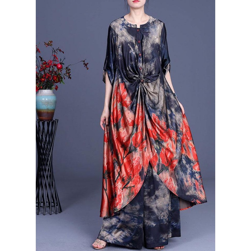Women Blue Print low high design long shirts Wide Leg Two Pieces Set