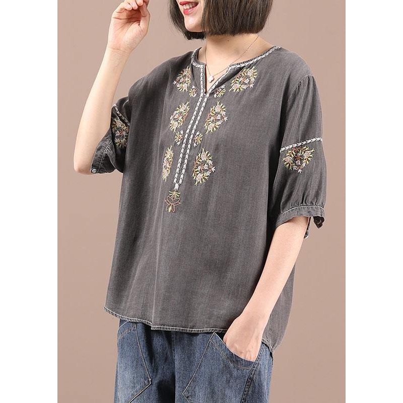 Women Grey retro Embroidery Summer Cotton Shirt Top Half Sleeve
