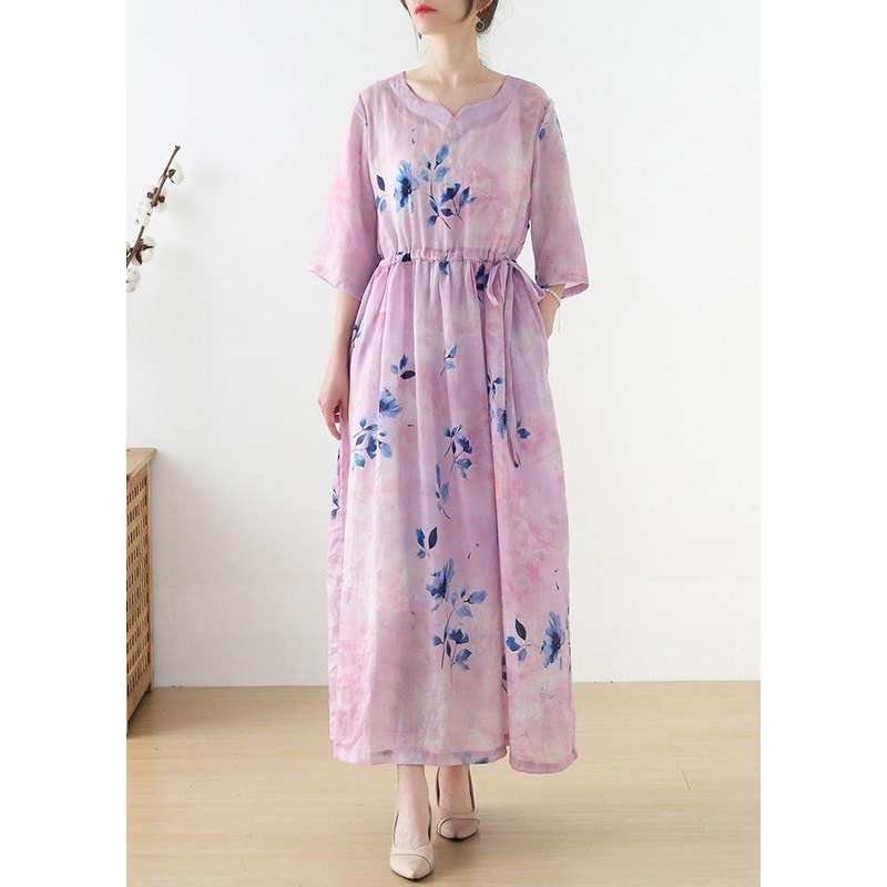 Women Pink Print Tie Waist Maxi Dresses Summer Ramie