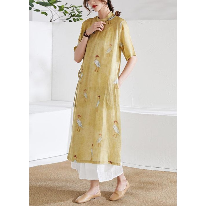 Women Yellow Side Open Print Summer Ramie long shirts