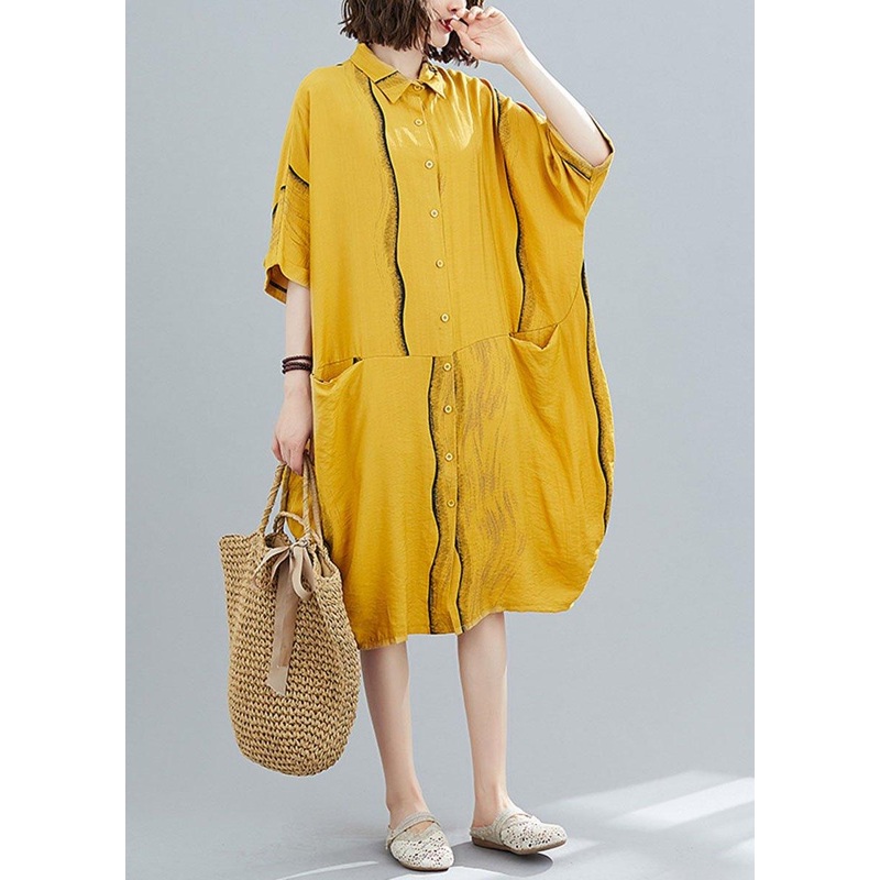 Yellow Peter Pan Collar Button Summer Party Dresses Half Sleeve