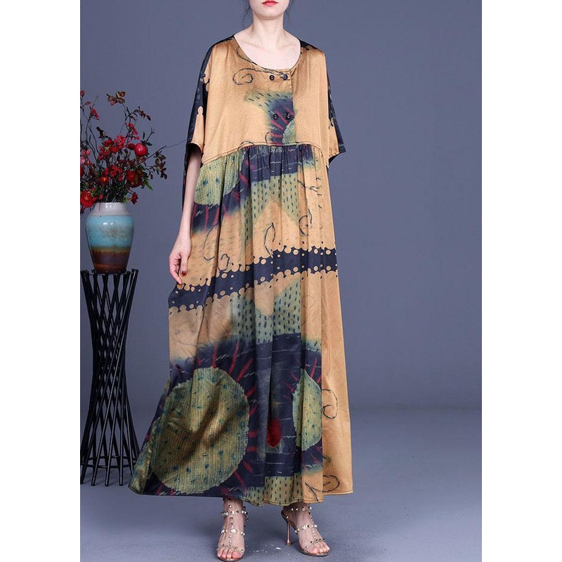 Yellow Print Cinched Summer Silk Party Dresses