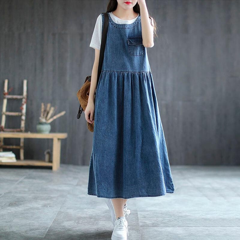 2023 Women Loose Denim Pleated Pinafore Dress