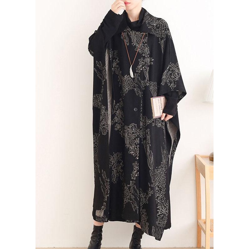 Beautiful Black Print Peter Pan Collar Button Long Trench coats