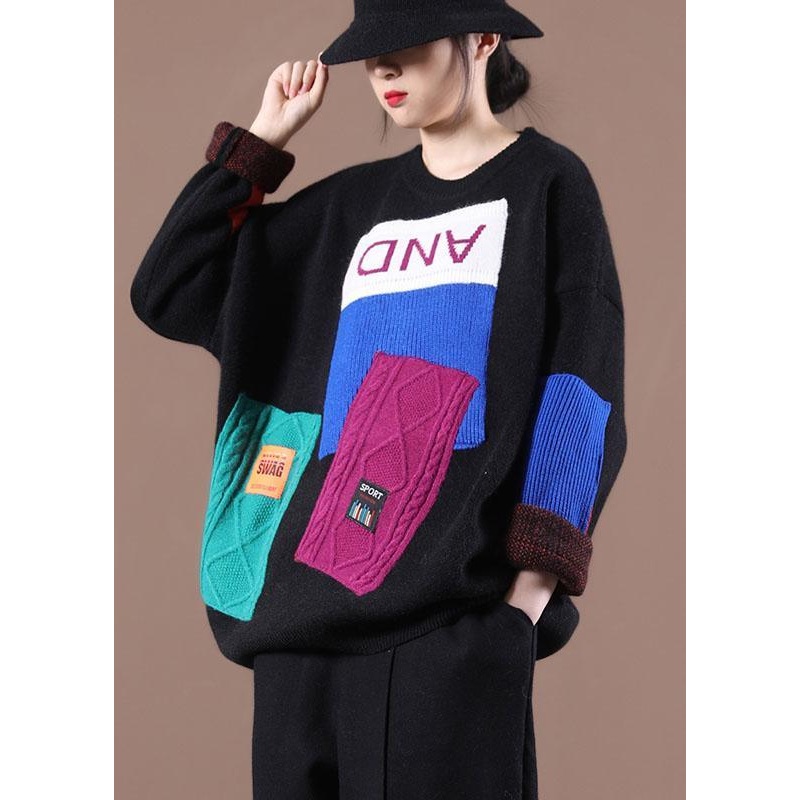 Bohemian Black Colorblock Letter Fall Knit Sweater