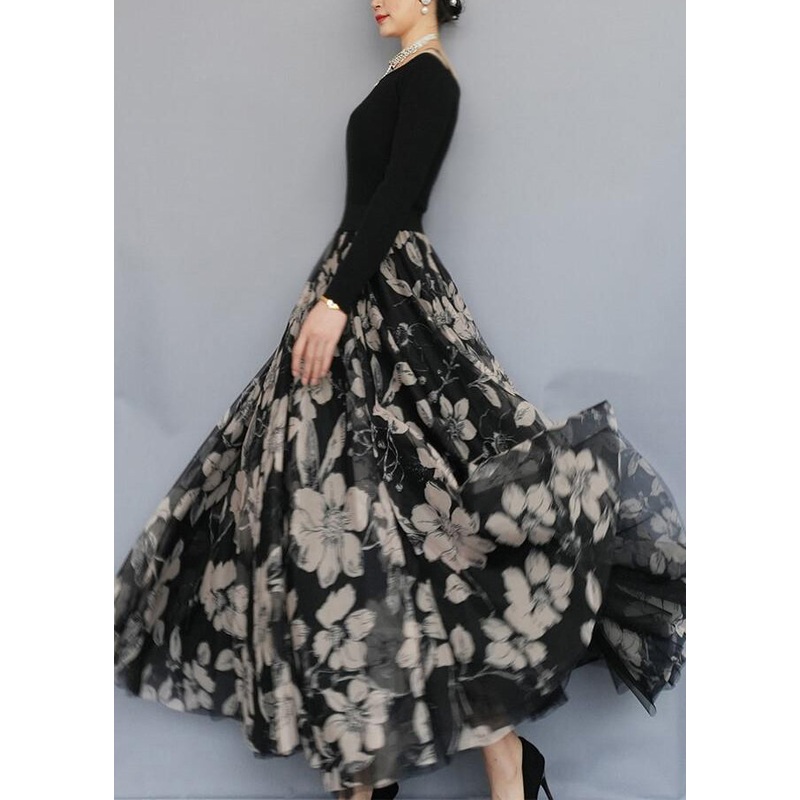 Bohemian Black Print Exra Large Hem Chiffon Skirts Spring
