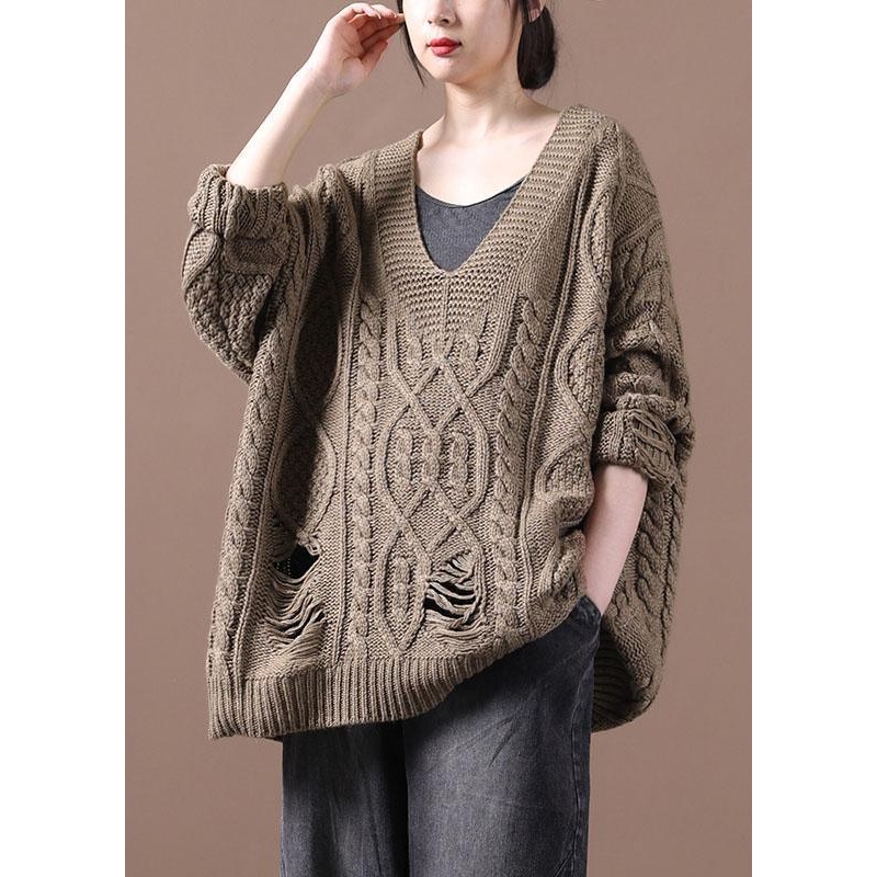 Bohemian Khaki Hole V Neck Fall Cozy Sweater