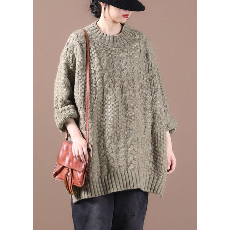 Boho Khaki Loose Cable knit Fall Long Knit Top