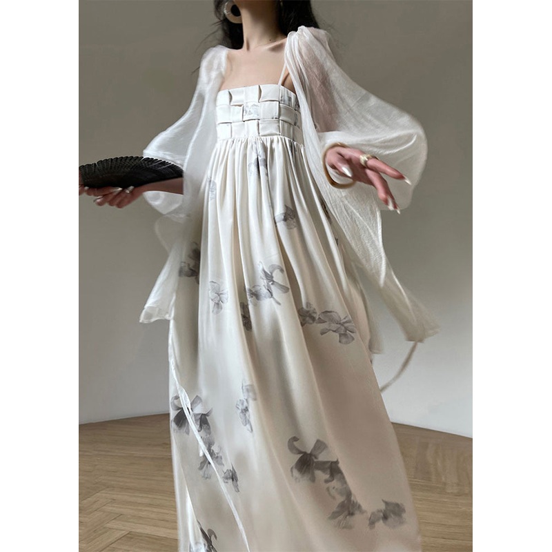 Boutique White Print Silk Dress Two Pieces Set Spring
